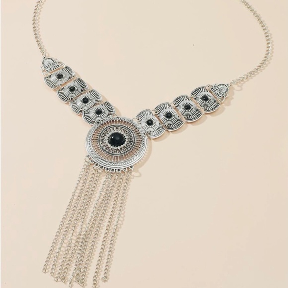 Boho Tribal Silver & Black Tassel Statement Necklace - Picture 3 of 9